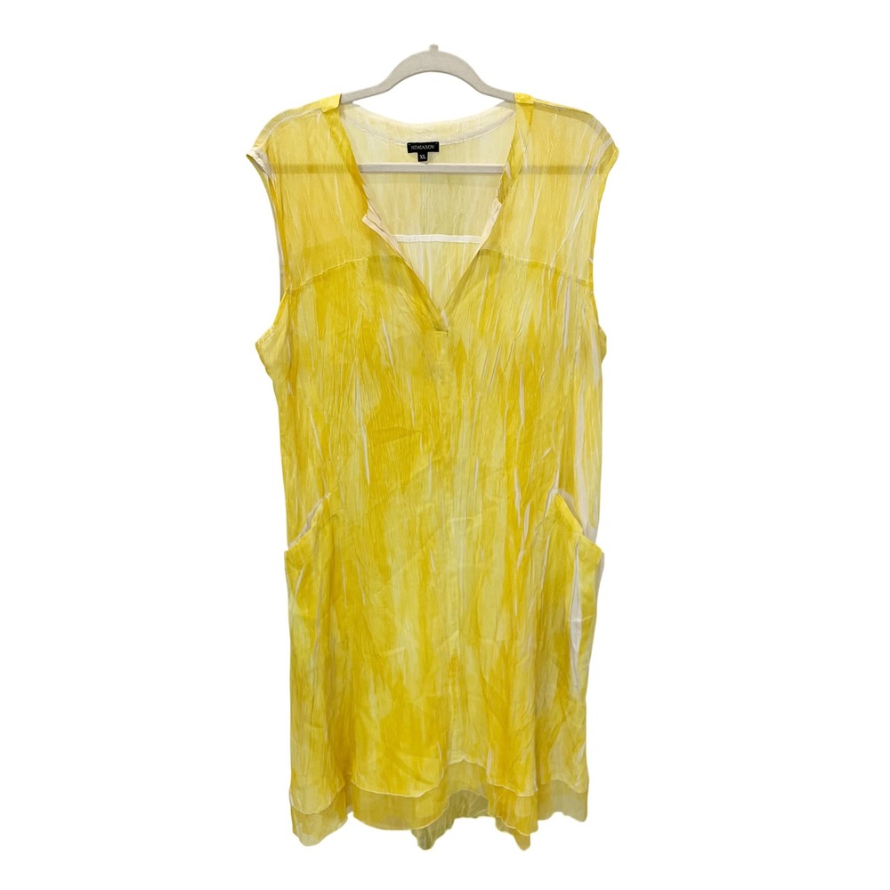 Komarov Womens XL Yellow White Artsy Crinkle Mesh Sleeveless Shift Pocket Dress